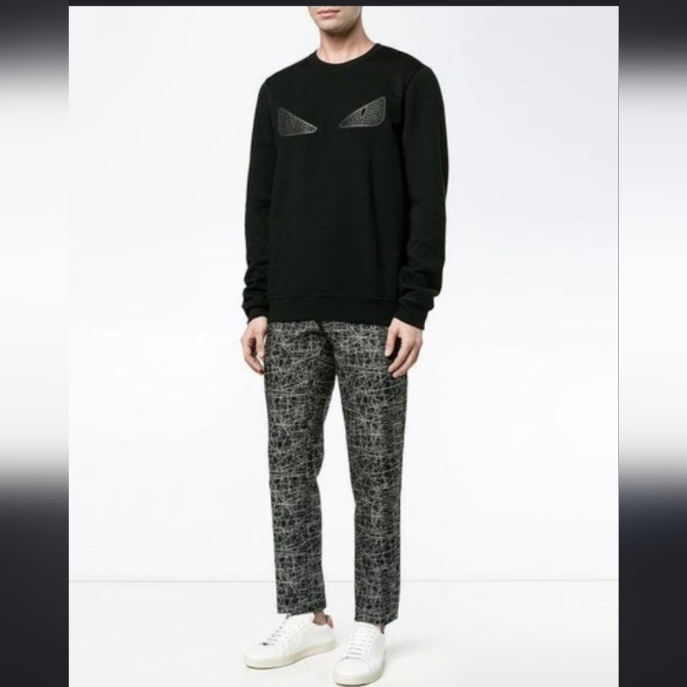 Fendi Roma Rubberized Stud Monster Eyes mens wool and cotton Sweater Black li…